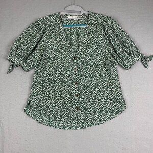 Veronica Beard Gizela blouse 12 Tie Puff Sleeve Silk Top button v neck floral